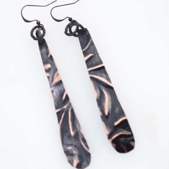 Rustic Long Solid Copper Earrings Embossed Floral Artisan Dangle Drop Boho Gift - Picture 2 of 4